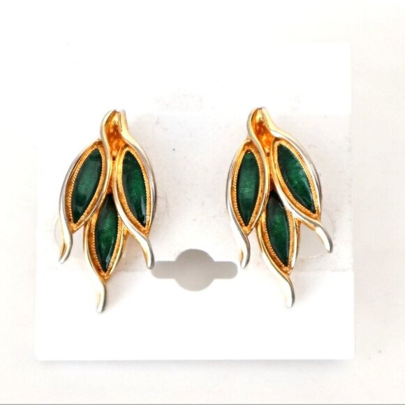 Vintage Earrings Clip On Dolce Gabbana Green Enamel Paint Gold Toned Designer - Picture 1 of 6
